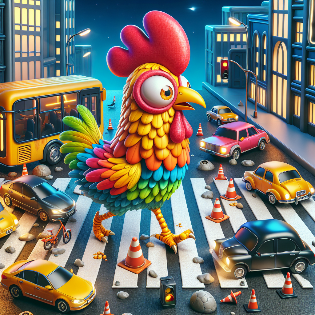 A cartoon chicken crossing a busy road with cars and obstacles around